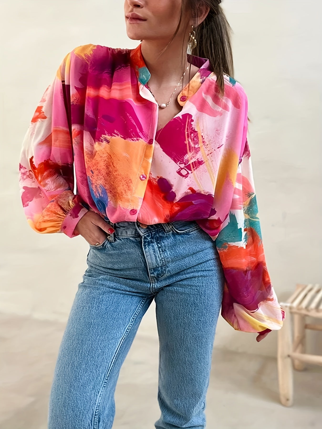 Casual Blouse Women's Plus Colorblock Print Button Up Blouse