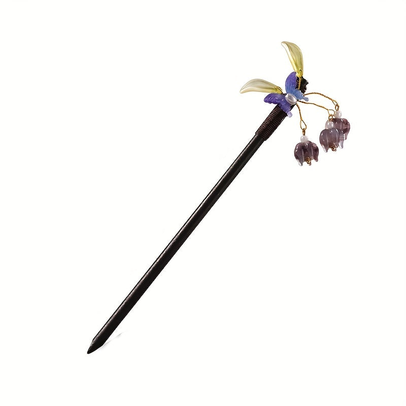 Butterfly Shape Hair Pin With Floral Pendant Chinese Style Hair Stick
