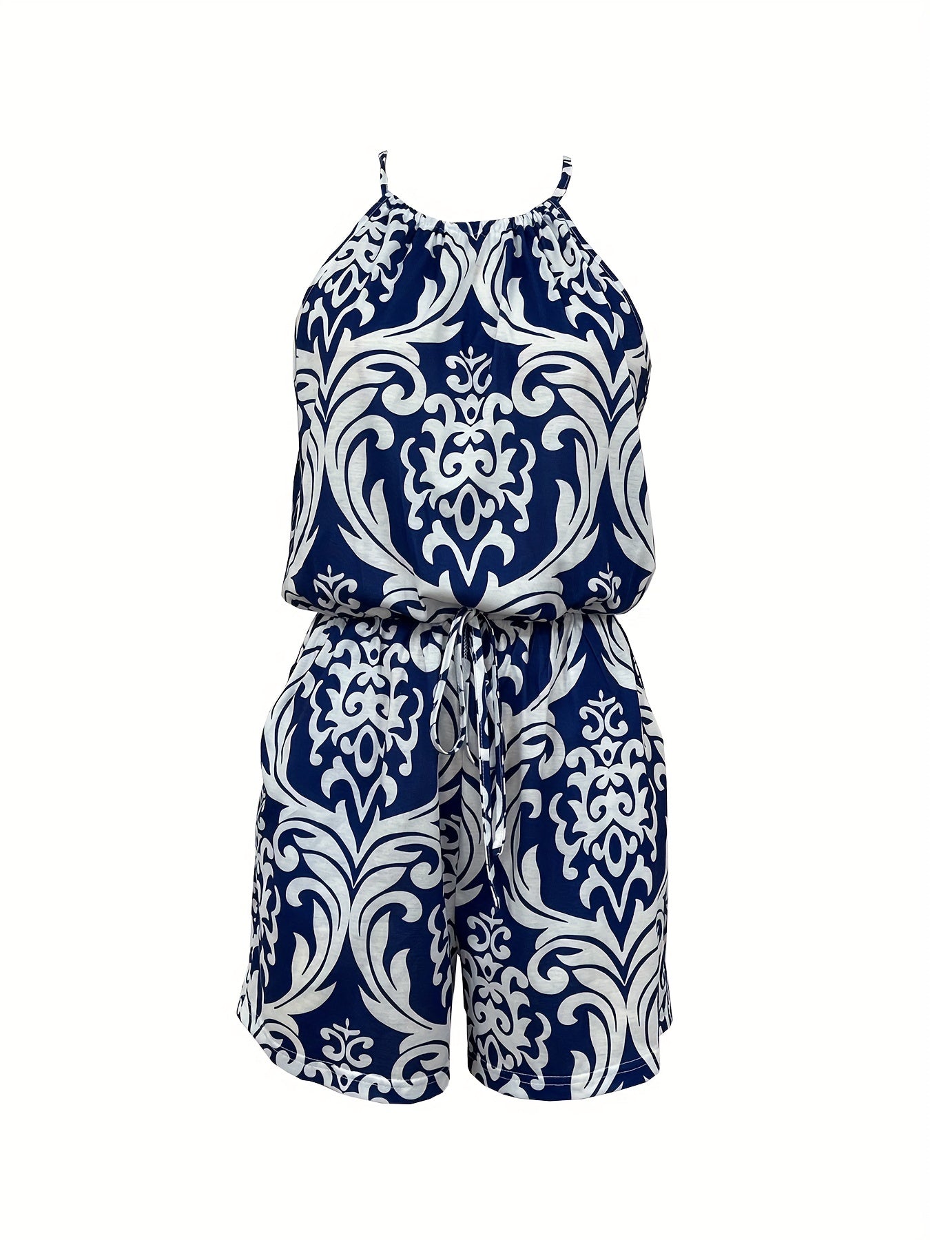 Baroque Floral Print Romper Crew Neck Sleeveless Tie Back Romper