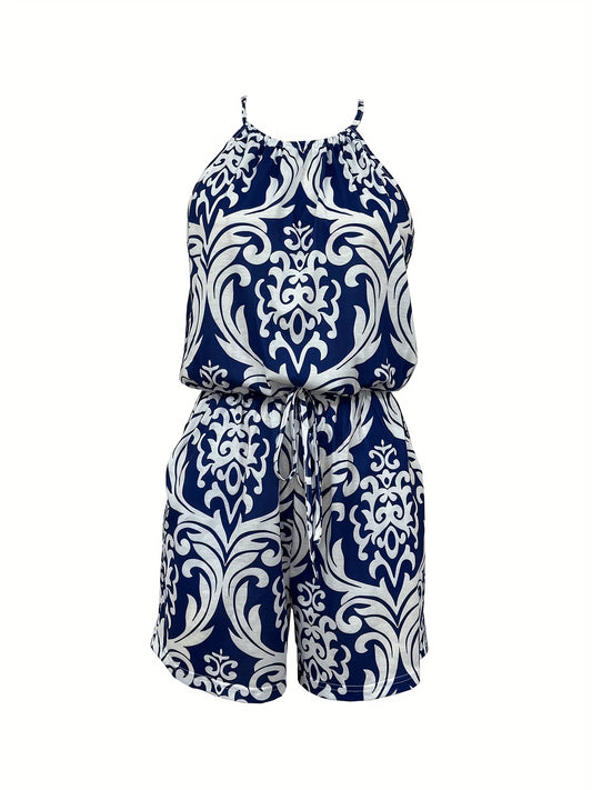 Baroque Floral Print Romper Crew Neck Sleeveless Tie Back Romper