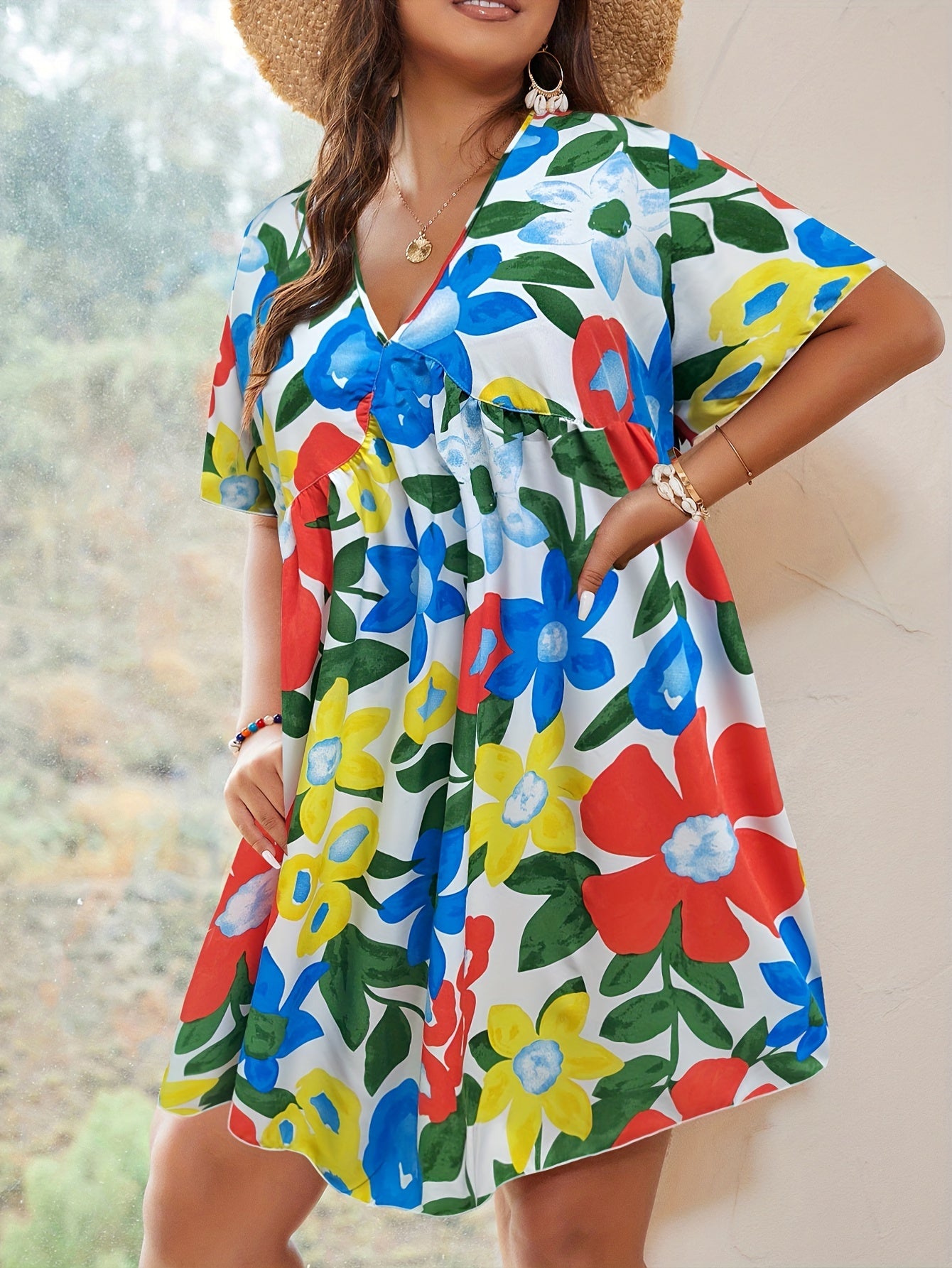  Floral Print Ruffle Sleeve V Neck Mini Dress