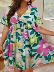  Floral Print Ruffle Sleeve V Neck Mini Dress