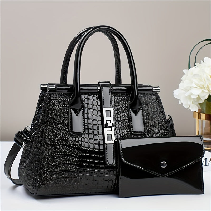 Crocodile PU Leather Tote Bag Set with Clutch - 2 Piece Lady Purse