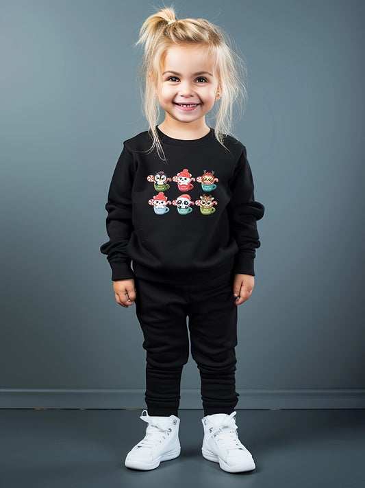 Girls Cartoon Animal Pattern Sweatshirt & Solid Sweatpants Set