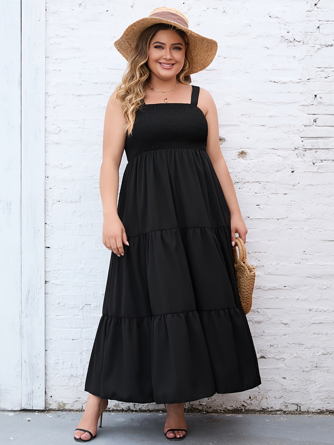  Solid Maxi Smock Cami Dress