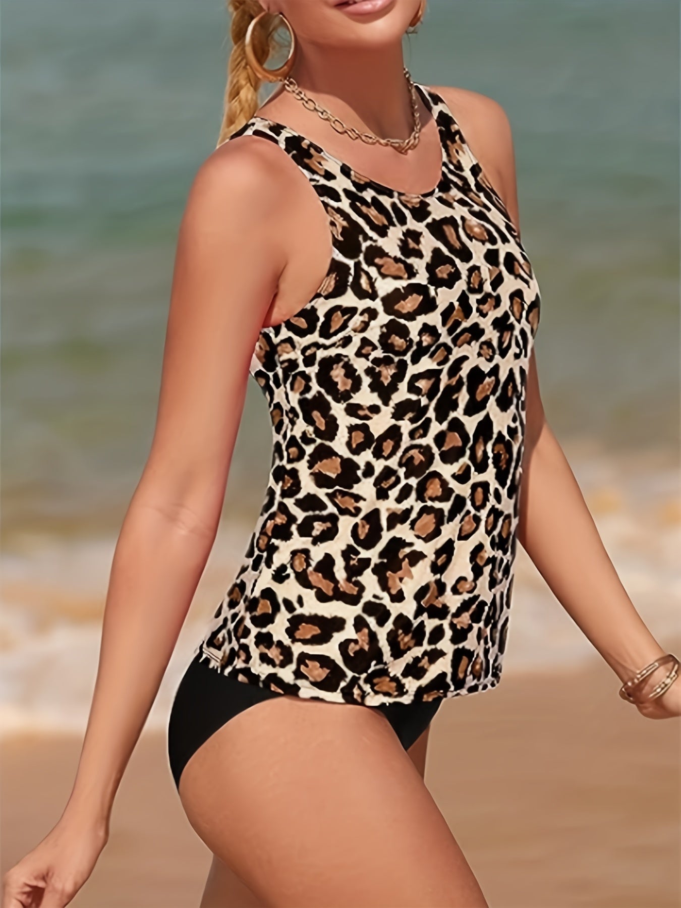  Leopard Print Tankini Set with Cut Out Back