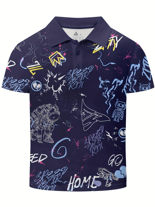 Graffiti Print Boys Creative Polo Shirt Casual Lightweight Short Sleeve Tee Tops