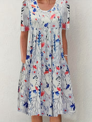 Plus Floral Print Short Sleeve Round Neck Dress With Pockets
