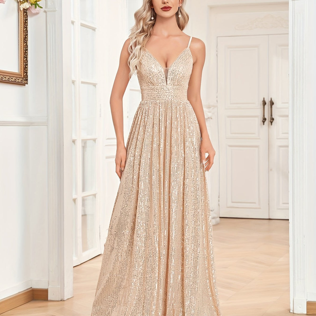Sequined V-Neck Bridesmaid Dress Floor Length