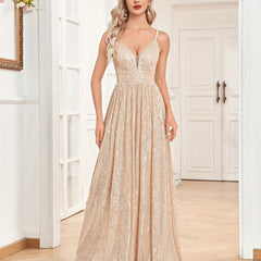 Sequined V-Neck Bridesmaid Dress Floor Length