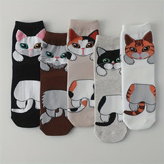 5 Pairs Cartoon Cat Print Socks Women's Stockings & Hosiery