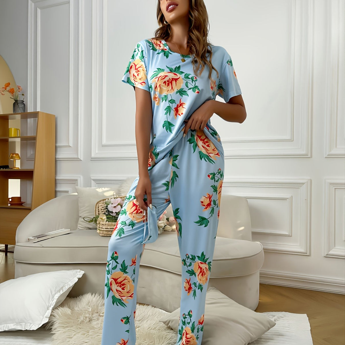 Floral Print Pajamas Set Short Sleeve Top & Pants