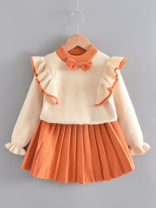 Girl's Ruffle Sweater & Pleated Skirt Set Bow Decor Casual Outfits