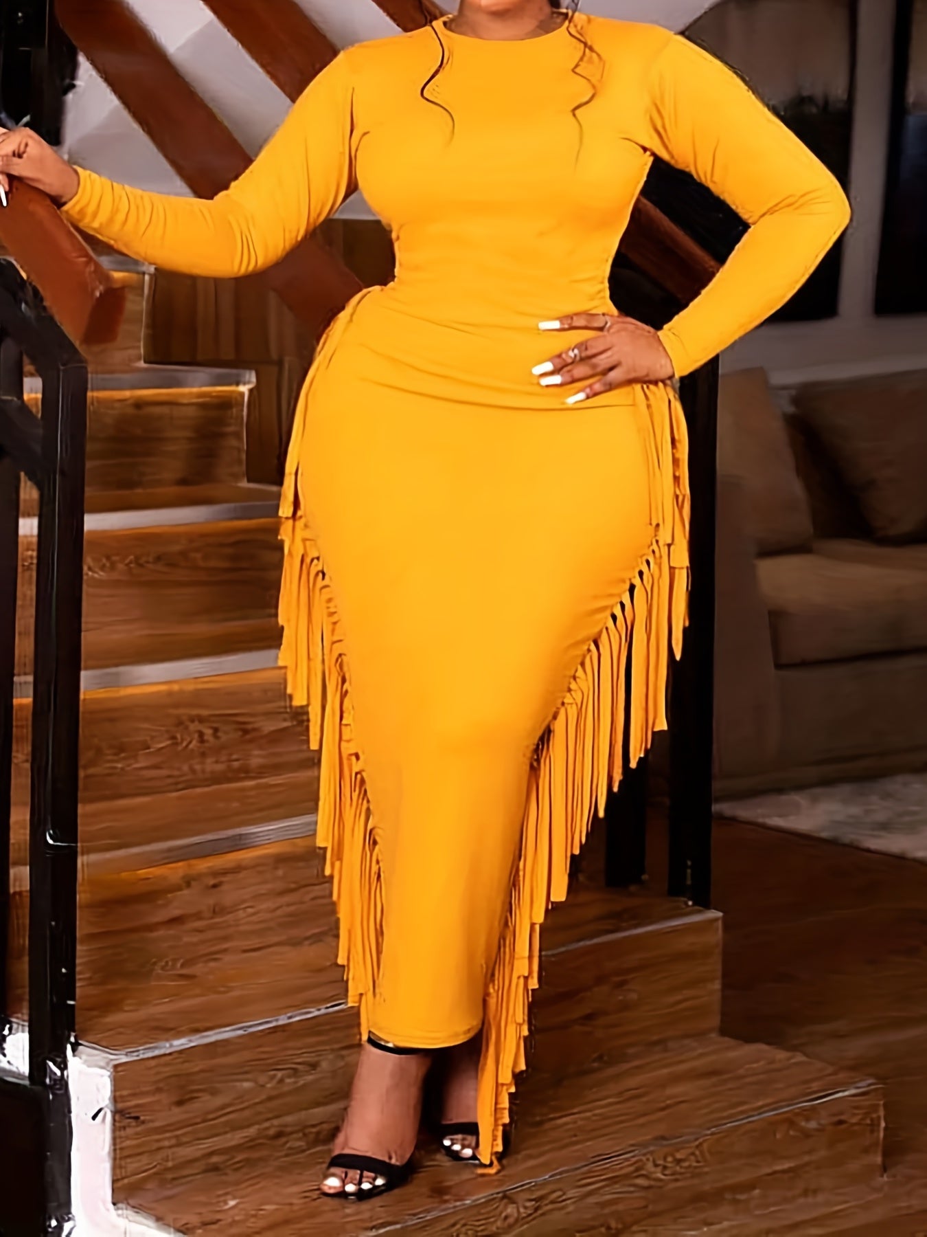  Solid Color Tassel Trim Bodycon Midi Dress
