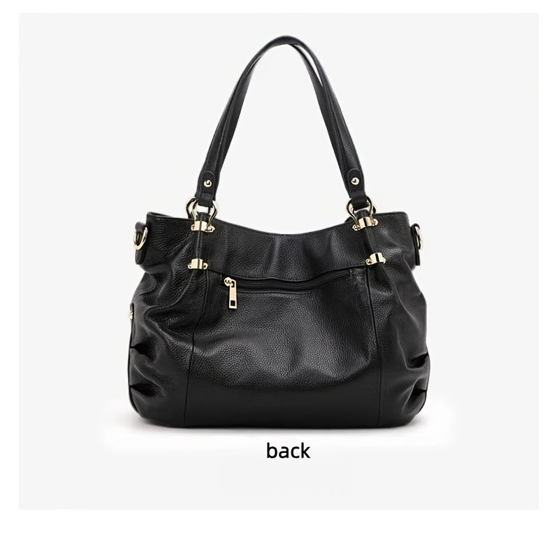Women's Leather Handbag with Golden Hardware and Removable Strap