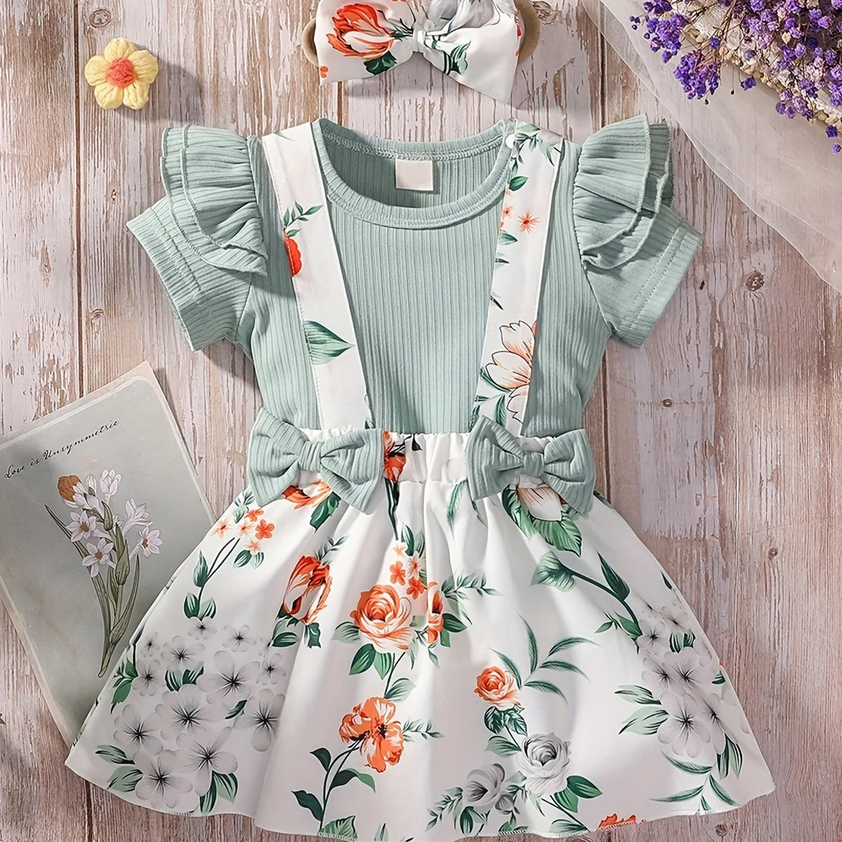 3pcs Baby Girls Casual T shirt & Floral Suspender Skirt Set