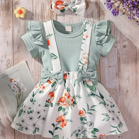 3pcs Baby Girls Casual T shirt & Floral Suspender Skirt Set