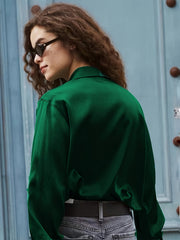  Solid Satin Button Up Long Sleeve Blouse