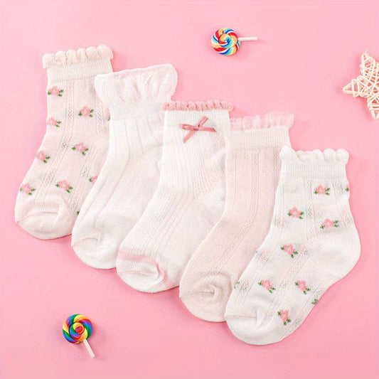 5 Pairs Girls Thin Floral Socks Spring Summer Accessories