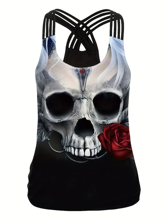 Skull Print Cross Back Tank Top Crew Neck Sleeveless Top Women's Clothing