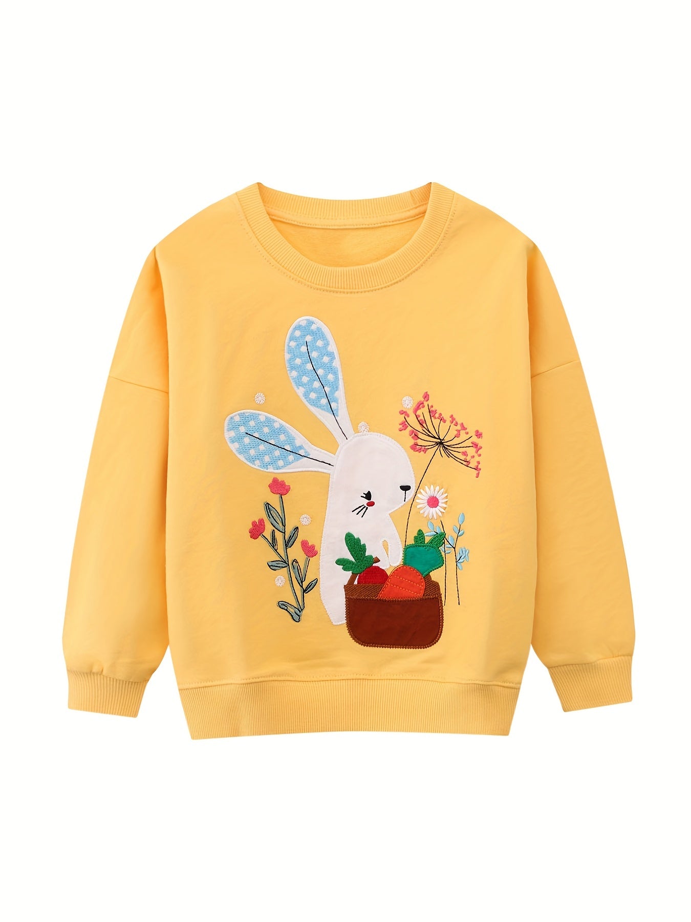 Girls' Bunny And Carrot Embroidery Sweatshirt Soft Comfy Long Sleeve Top