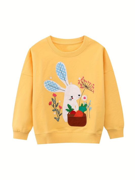 Girls' Bunny And Carrot Embroidery Sweatshirt Soft Comfy Long Sleeve Top