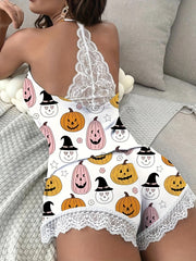 Cartoon Print Pajama Set V Neck Cami Top & Elastic Waistband Shorts
