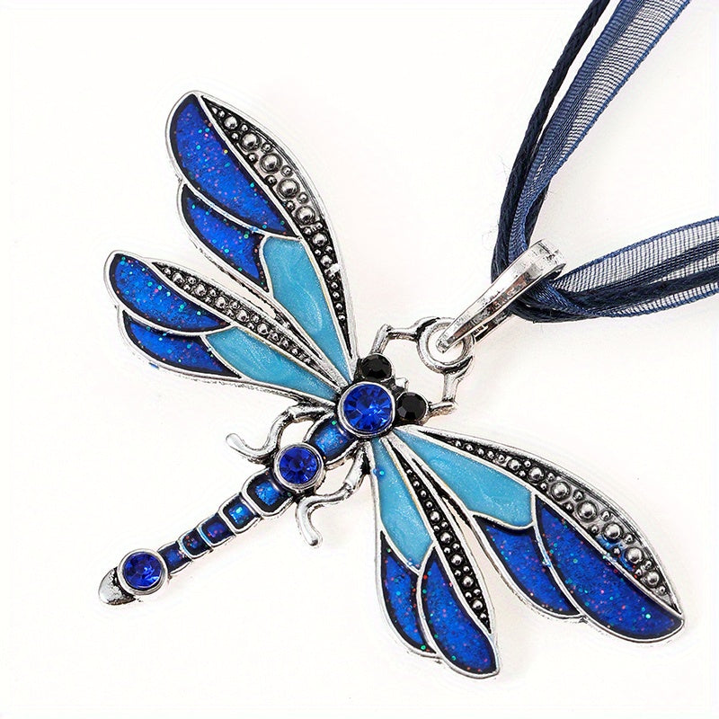 Crystal Dragonfly Ribbon Pendant Necklace For Women