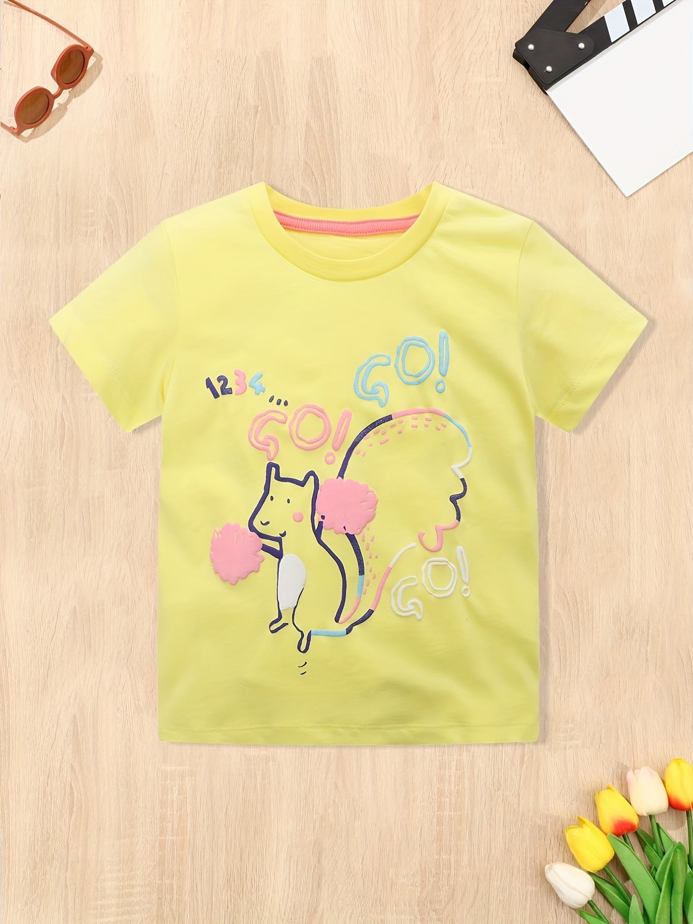 Girls Squirrel Print Short Sleeve T Shirt - Summer Top for Kids