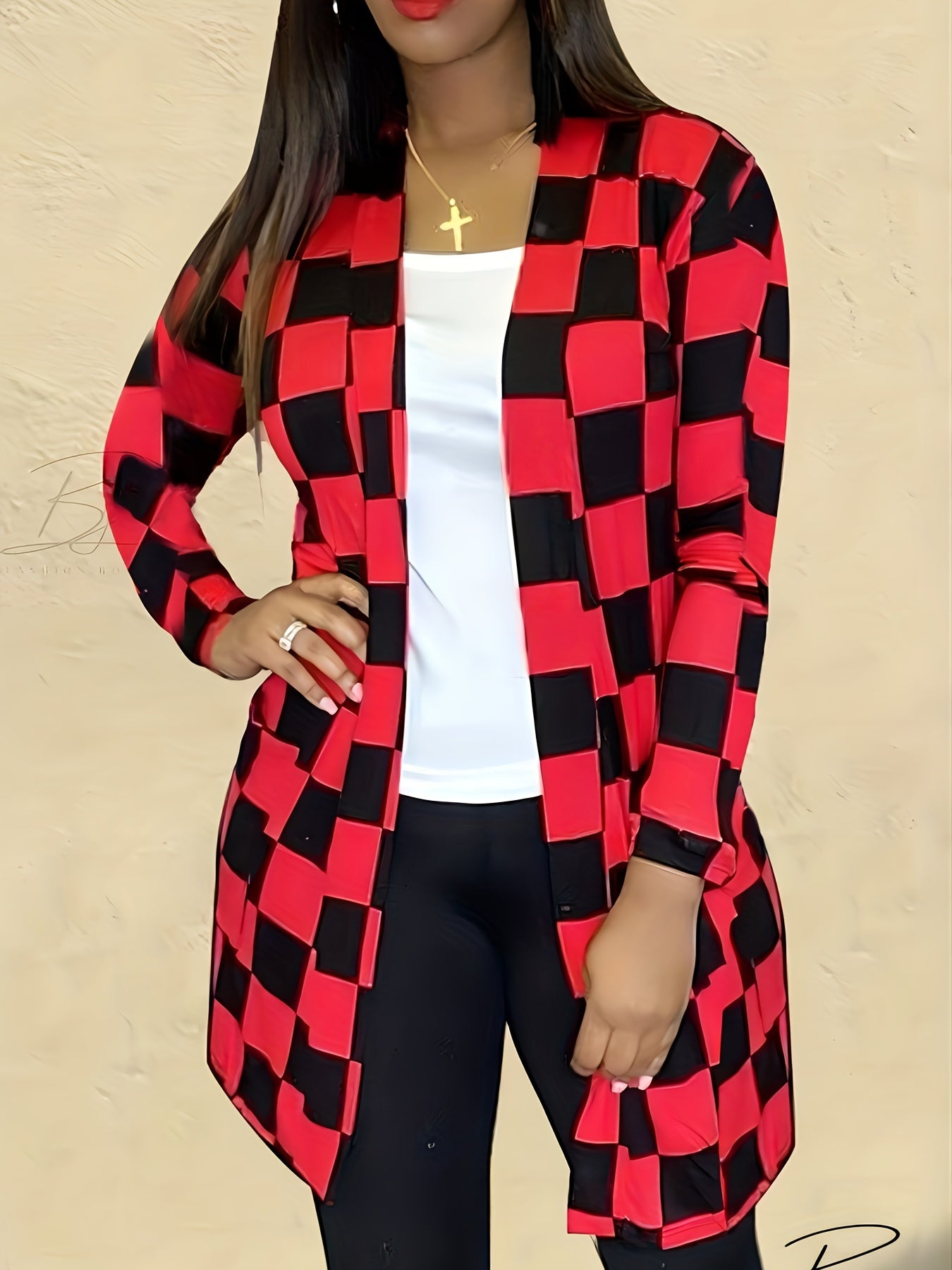  Checker Print Open Front Cardigan