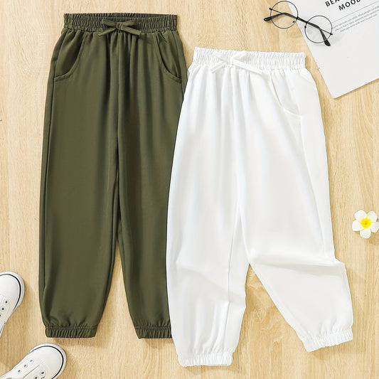 2pcs Girls Basic Jogger Bow Front Elastic Waist Trousers