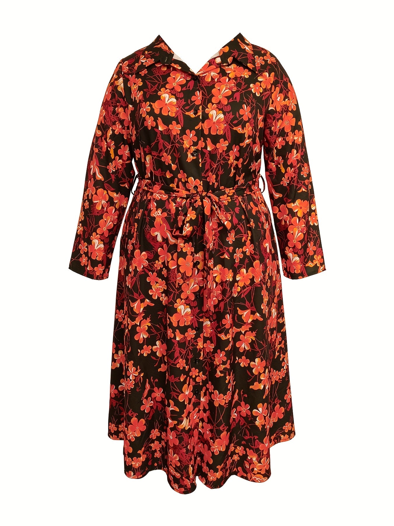  Floral Print Boho Shirt Dress with Belt