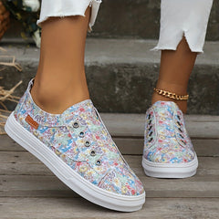 Floral Print Canvas Flat Skate Shoes Women