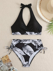 Leaf Print Bikini Set Halter V Neck High Cut Swimsuit