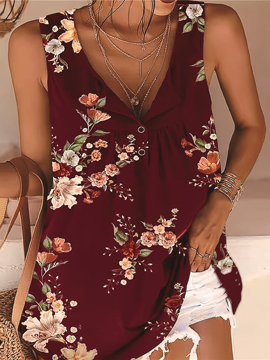Floral Print Button Tank Top Sleeveless V Neck Tank Top