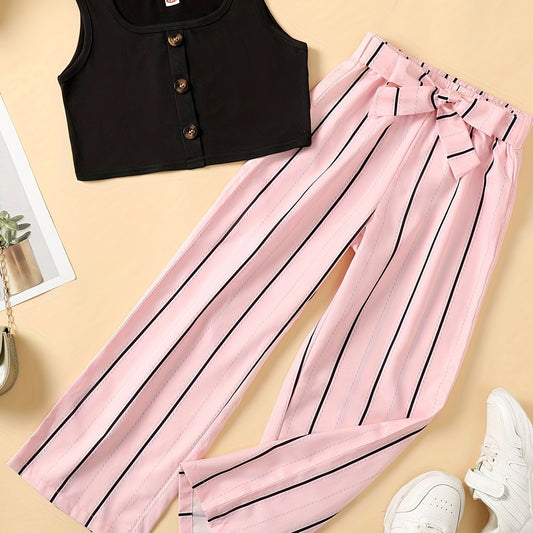 2pcs Toddler Girls Button Front Tank Tops & Vertical Stripes Belted Pants Set