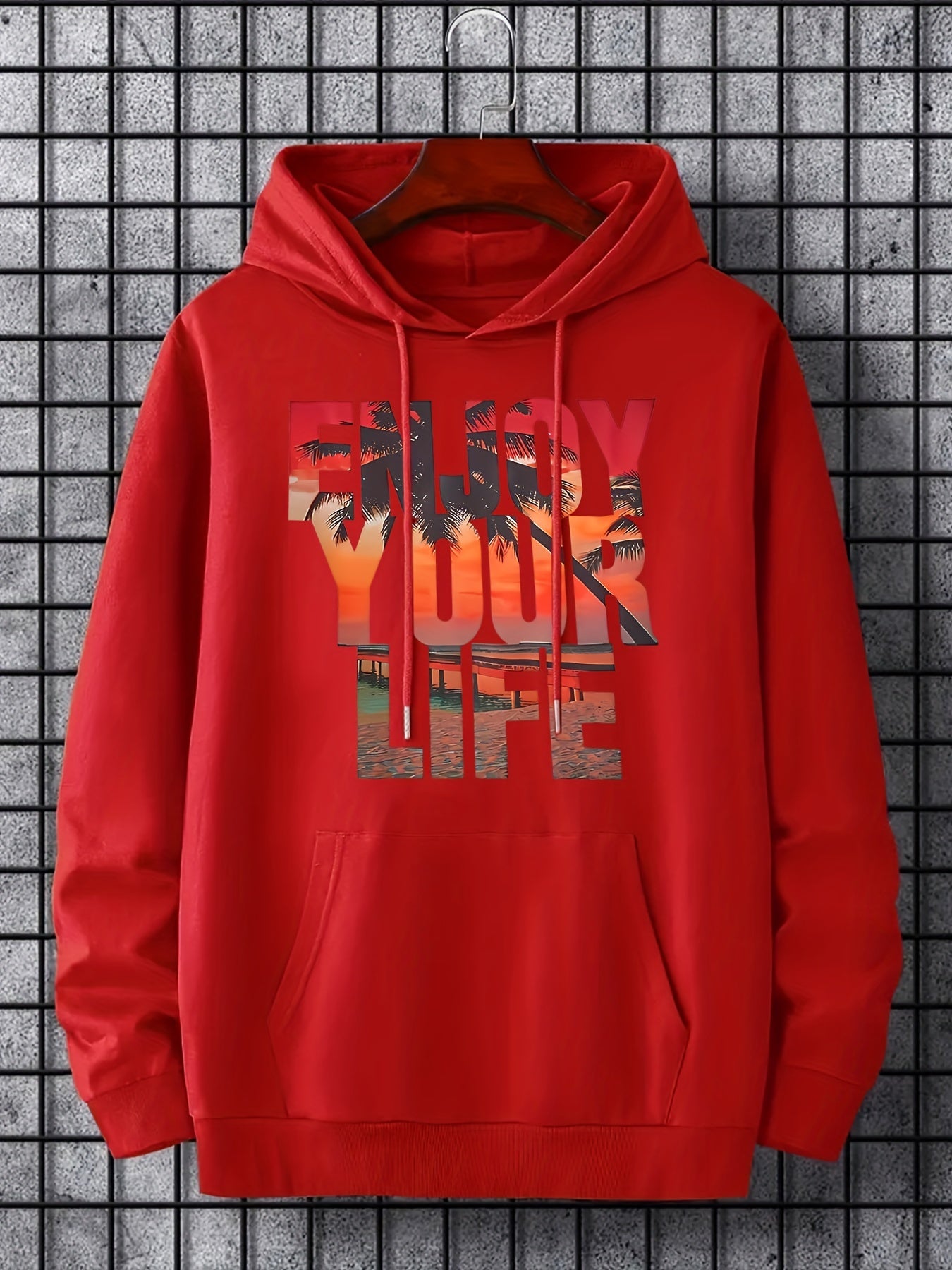 'Enjoy Your Life' Print Hoodie Men's Casual Pullover Hooded Sweatshirt