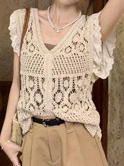 Scallop Trim Knitted Tank Top V Neck Sleeveless Crochet Top