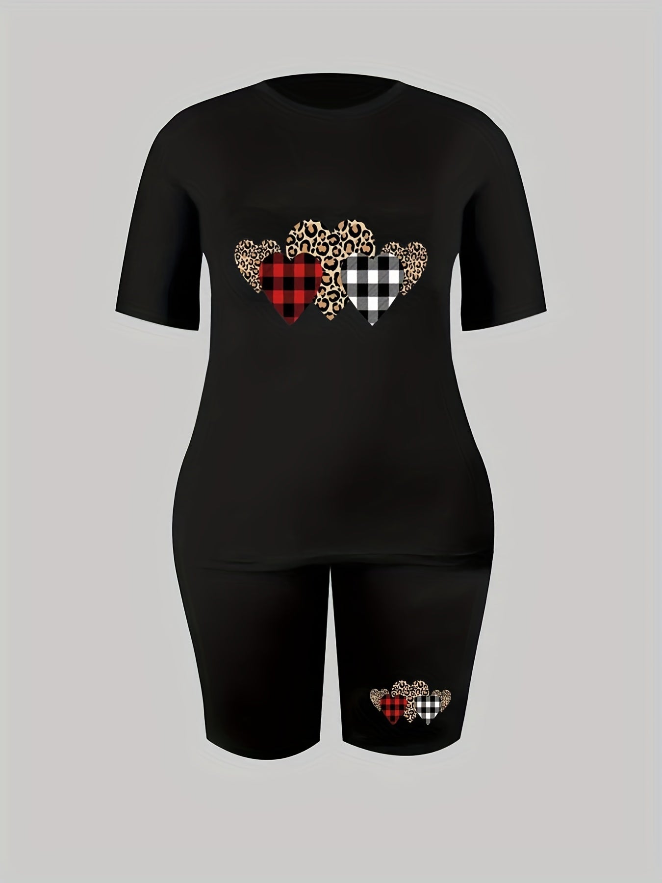  Leopard & Gingham Heart Print Top & Shorts Set