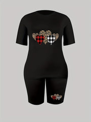  Leopard & Gingham Heart Print Top & Shorts Set