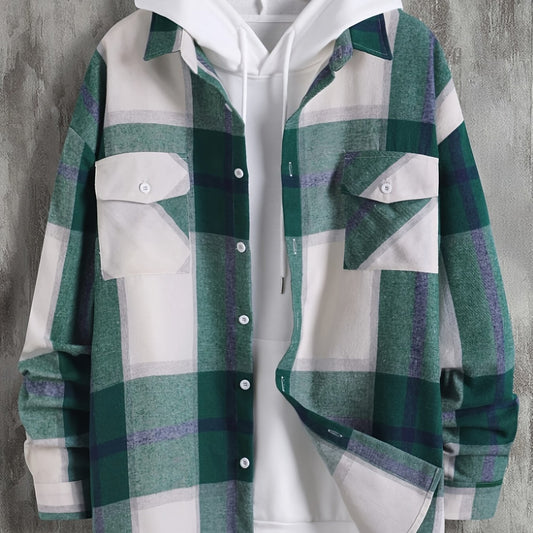 Plaid Button Up Hooded Shirt for Men