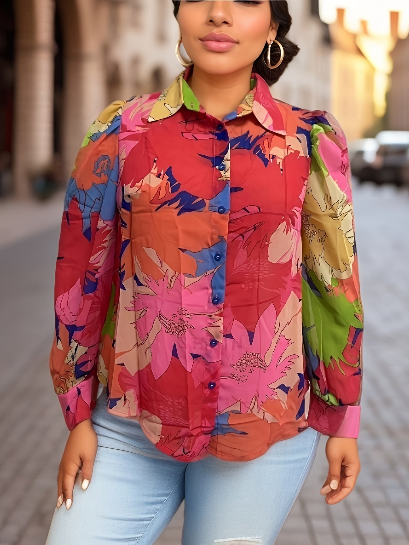  Floral Print Long Sleeve Button Up Shirt