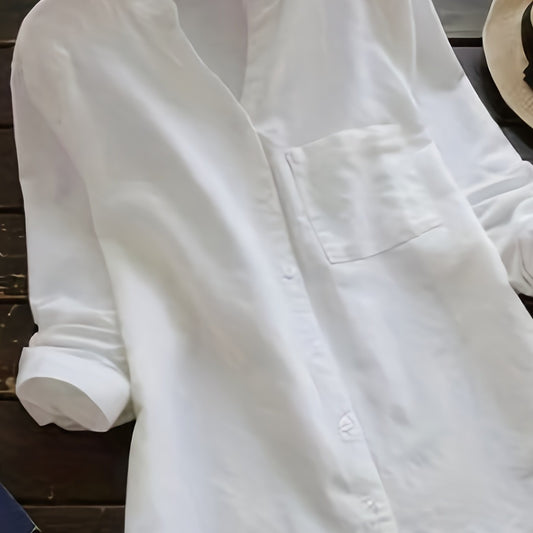  Solid Button Up Long Sleeve V Neck Blouse