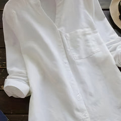  Solid Button Up Long Sleeve V Neck Blouse