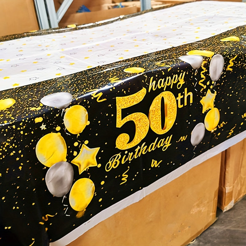 Golden Happy 50th Birthday Tablecloth Rectangular Party Table Cover