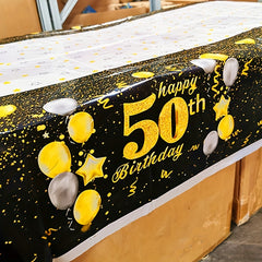 Golden Happy 50th Birthday Tablecloth Rectangular Party Table Cover