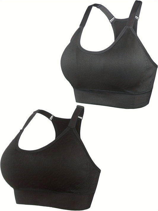 2 Pack Plus Size Sports Bra Set Solid Wireless Racer Back Yoga Gym Bralette 2pcs