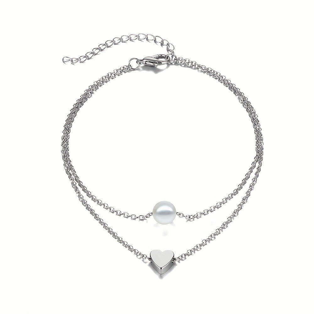 Heart Beads Chain Anklet Double Layered Faux Pearl Ankle Chain