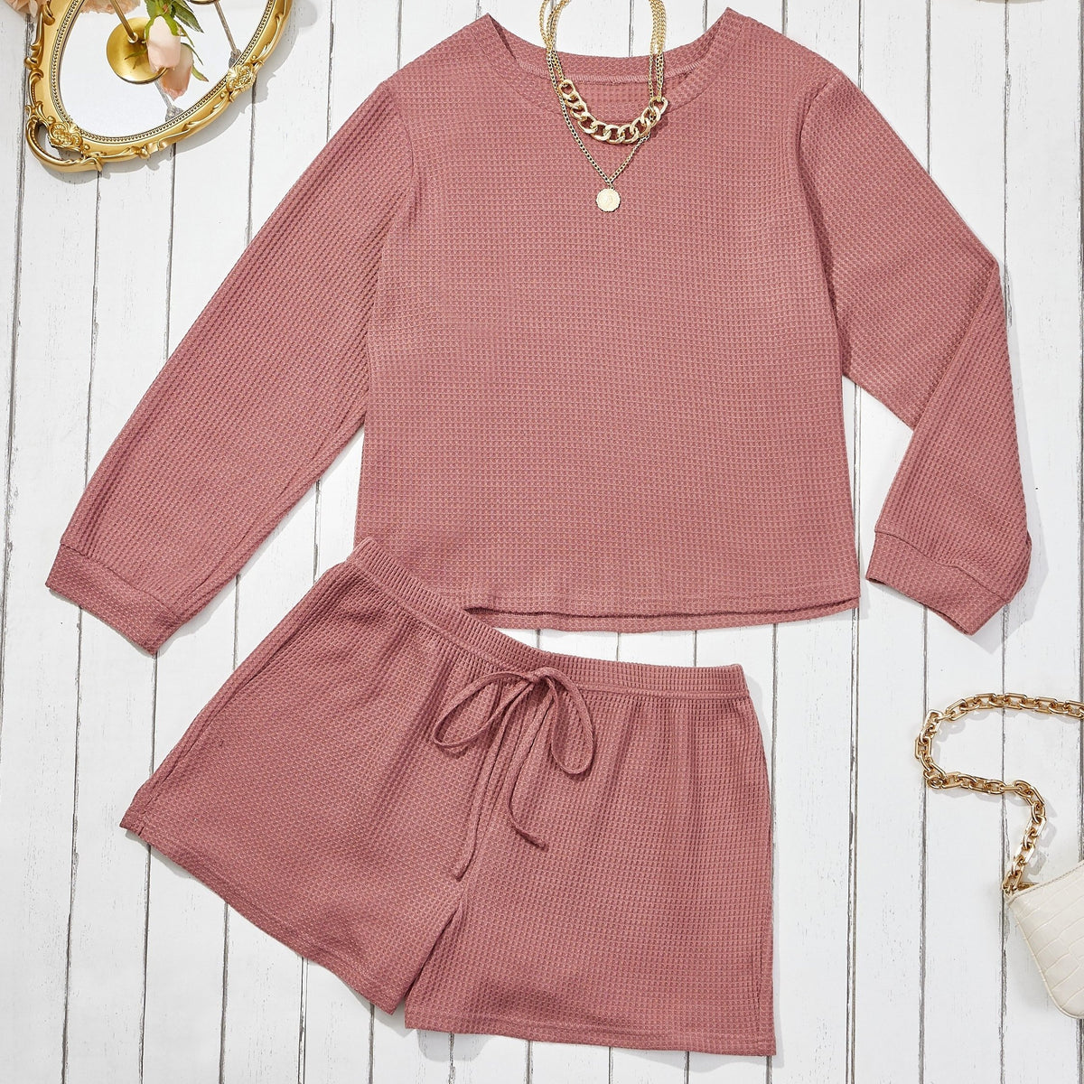  Waffle Pattern Long Sleeve Top & Shorts 2 Piece Set