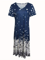 Floral Print V Neck Dress Short Sleeve Casual Summer Dress